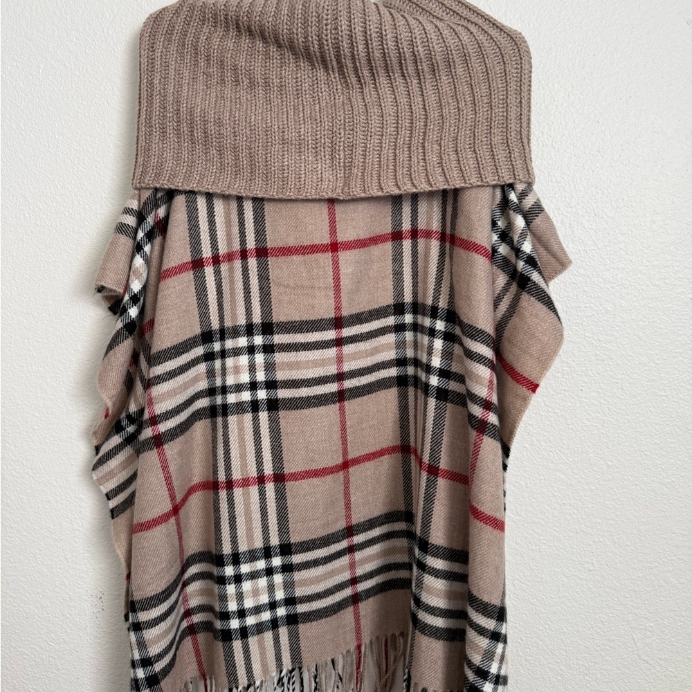 Plaid Beige and Red Cowl Neck Poncho - Picture 8 of 8